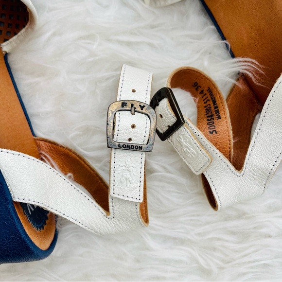 Fly London Navy Blue Perforated Mesh Leather Low Platform Sandal - Picture 13 of 16